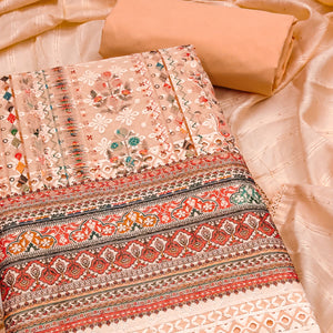 Peach Floral Print Cotton Suit Material with Detailed Handwork Embroidery