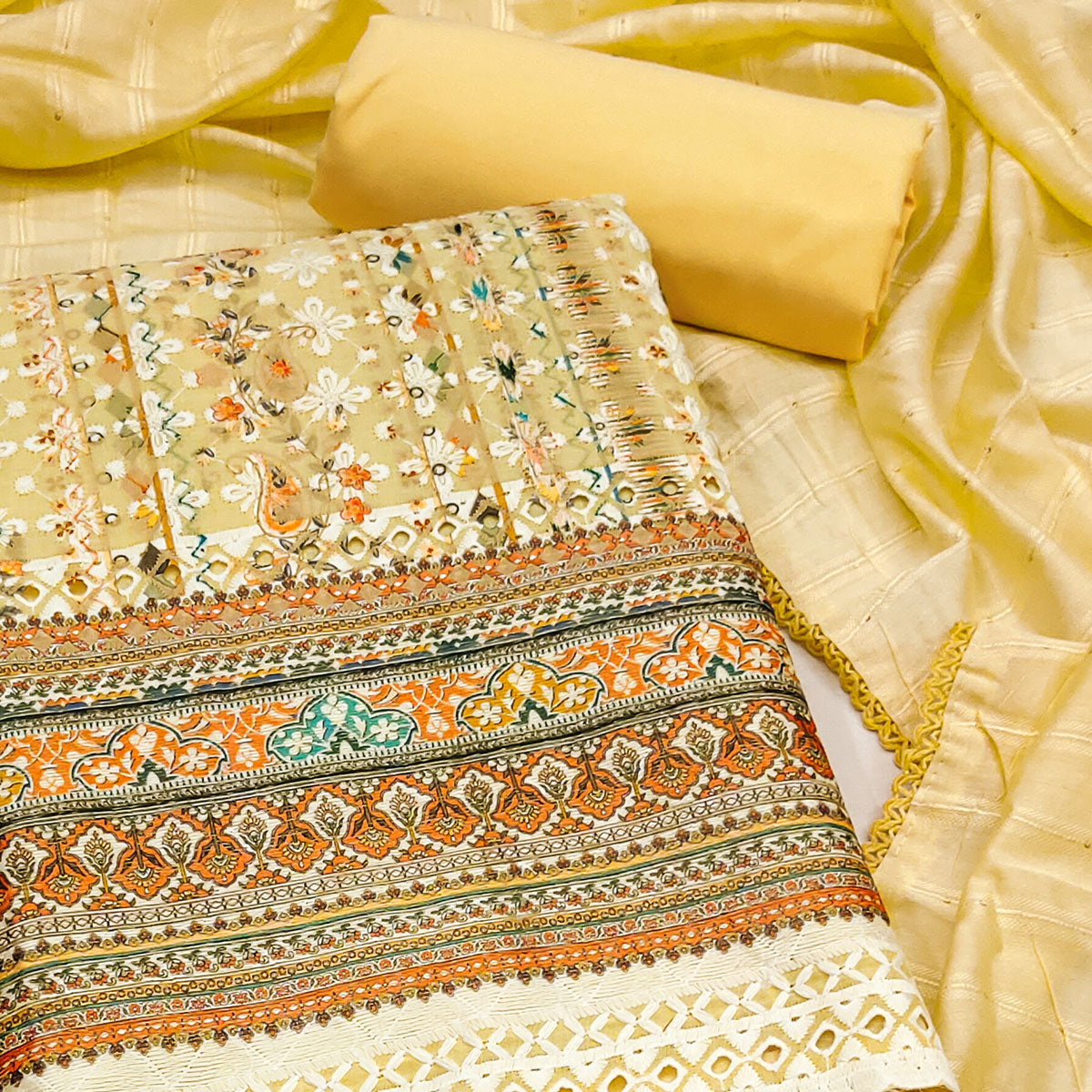 Yellow Floral Print Cotton Suit Material with Detailed Handwork Embroidery