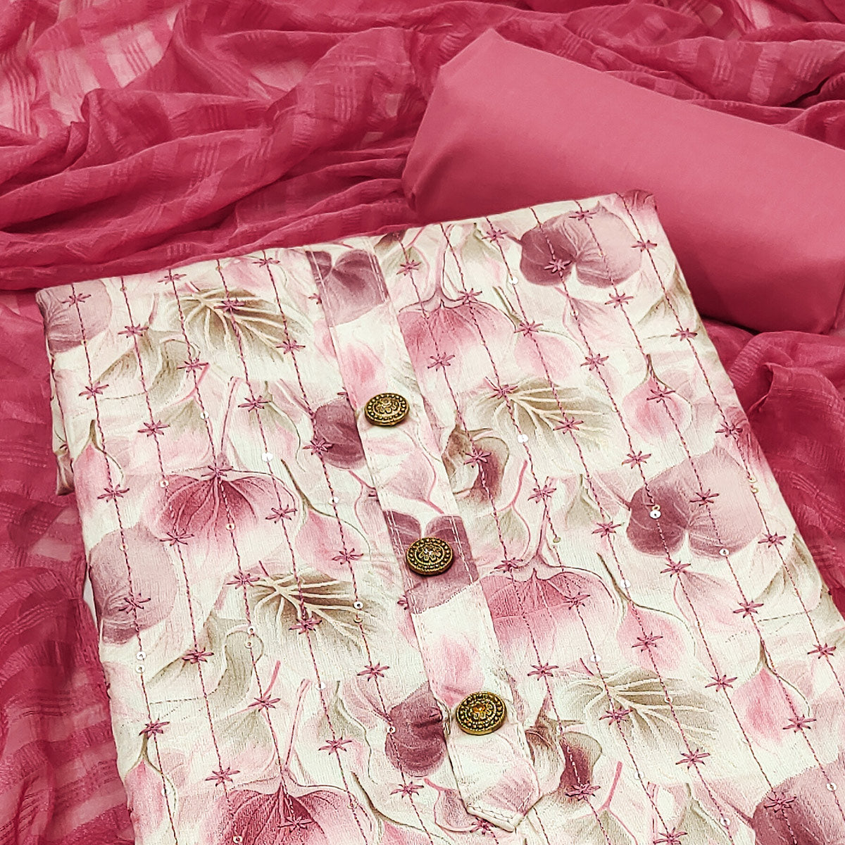 Cream Pink Printed Cotton Blend Dress Material with Embroidery