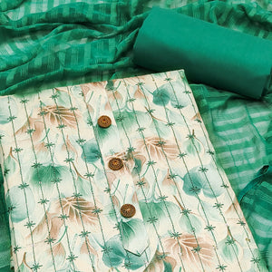 Cream Rama Green Printed Cotton Blend Dress Material with Embroidery