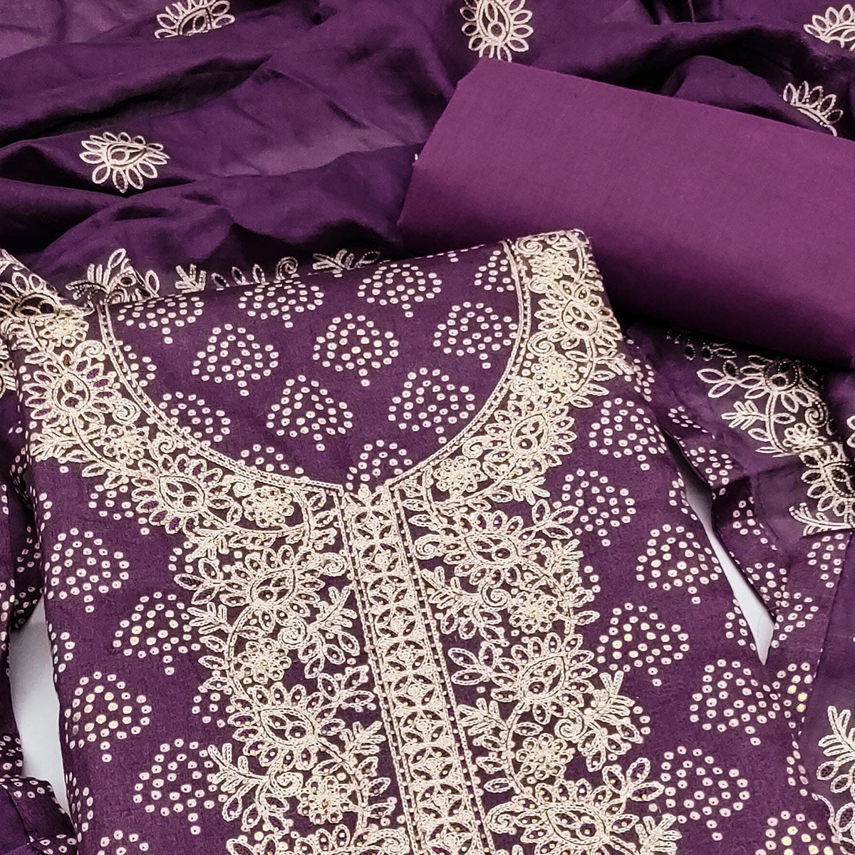 Purple Bandhani Print Cotton Dress Material Accented with Embroidered Neckline