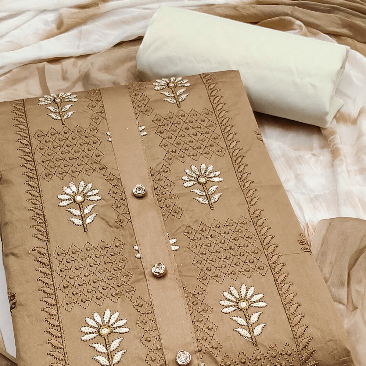 Stylish Chikoo Flower Motif Embroidery With Sequins Work Cotton Blend Dress Material