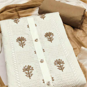 Stylish Offwhite Flower Motif Embroidery With Sequins Work Cotton Blend Dress Material