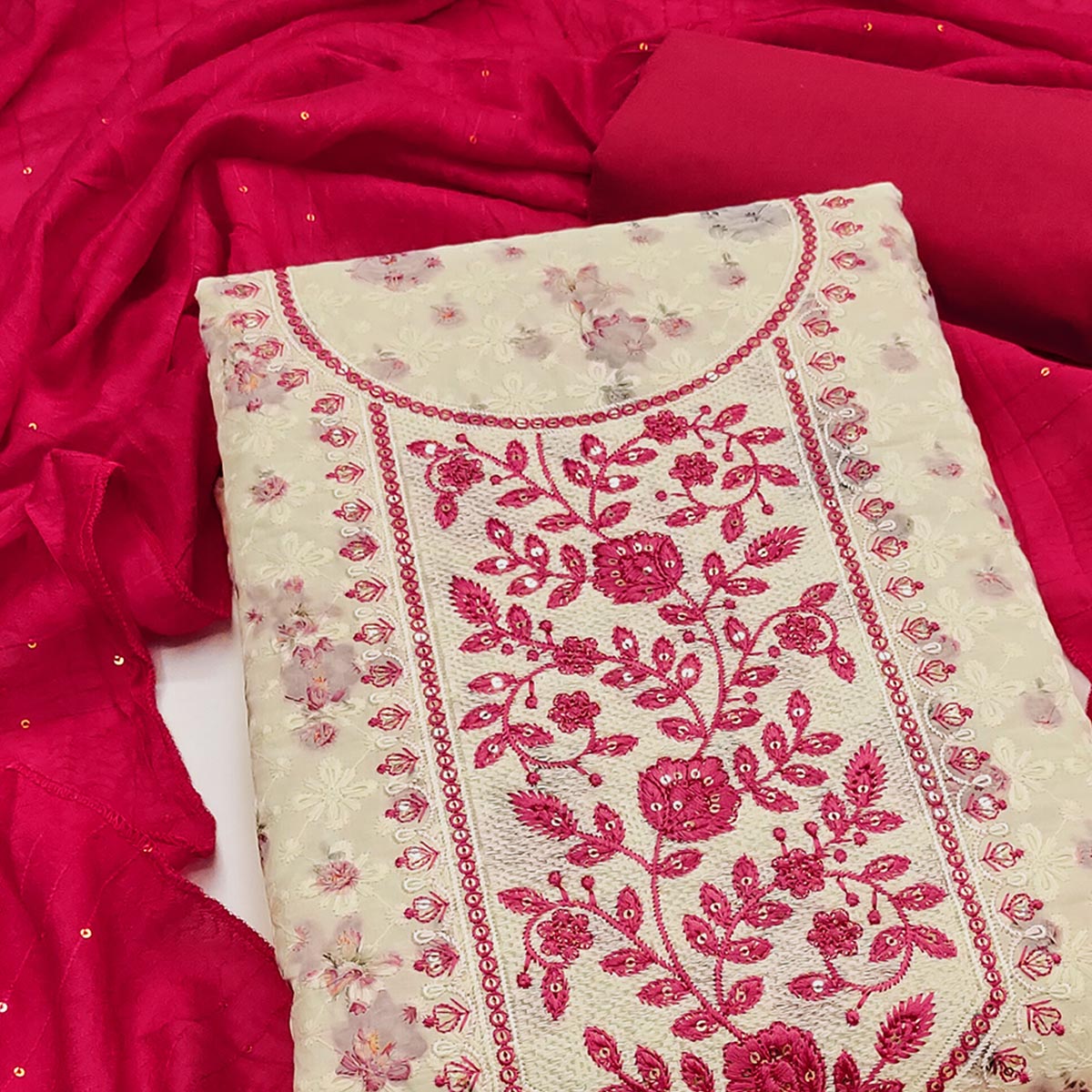 Elegant Offwhite Floral Chikankari Embroidery & Sequins Work Cotton Blend Dress Material