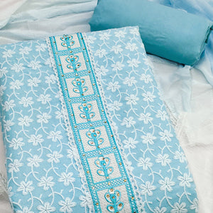 Blue Floral Chikankari Embroidered With Stone Work Dress Material In Premium Cotton Blend