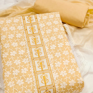 Yellow Floral Chikankari Embroidered With Stone Work Dress Material In Premium Cotton Blend