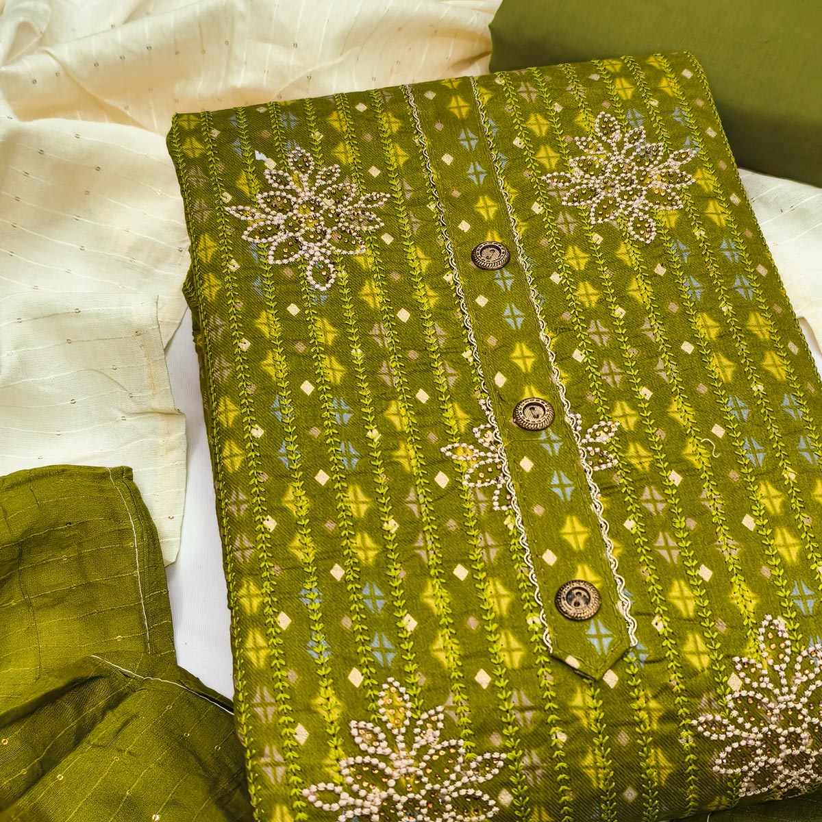 Green Cotton Blend Dress Material Adorned With Exquisite Floral Embroidery & Sparkling Stonework
