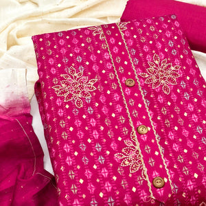Pink Cotton Blend Dress Material Adorned With Exquisite Floral Embroidery & Sparkling Stonework