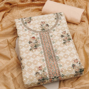 Light Peach Pure Cotton Dress Material Featuring Elegant Floral Embroidery With Shimmering Sequins