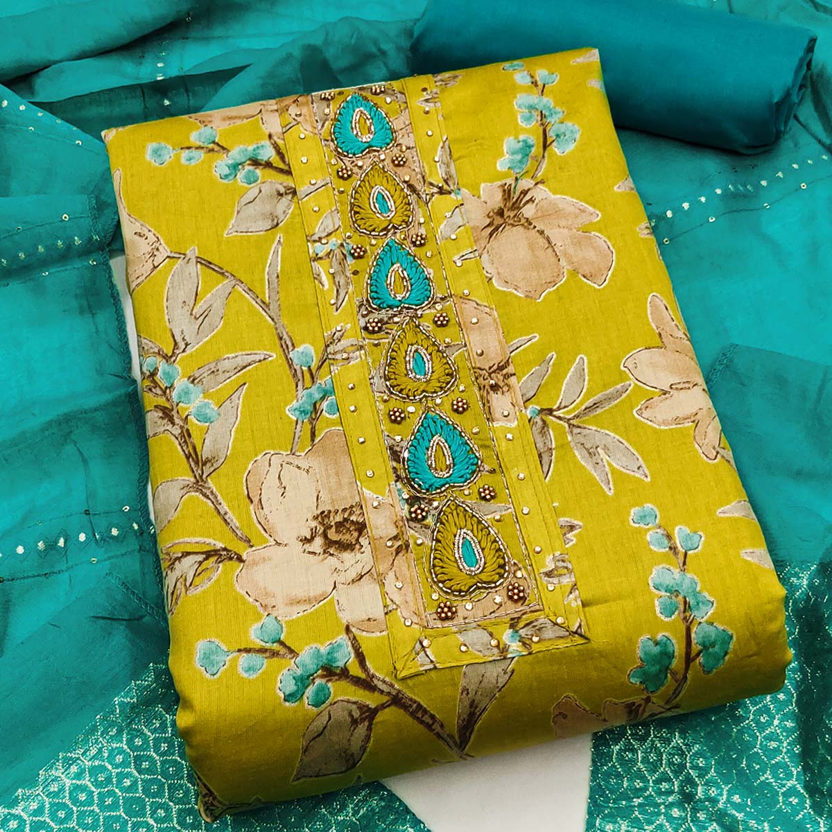 Lemon Yellow Pure Cotton Dress Material With Floral Print & Delicate Neck Hand Embroidery