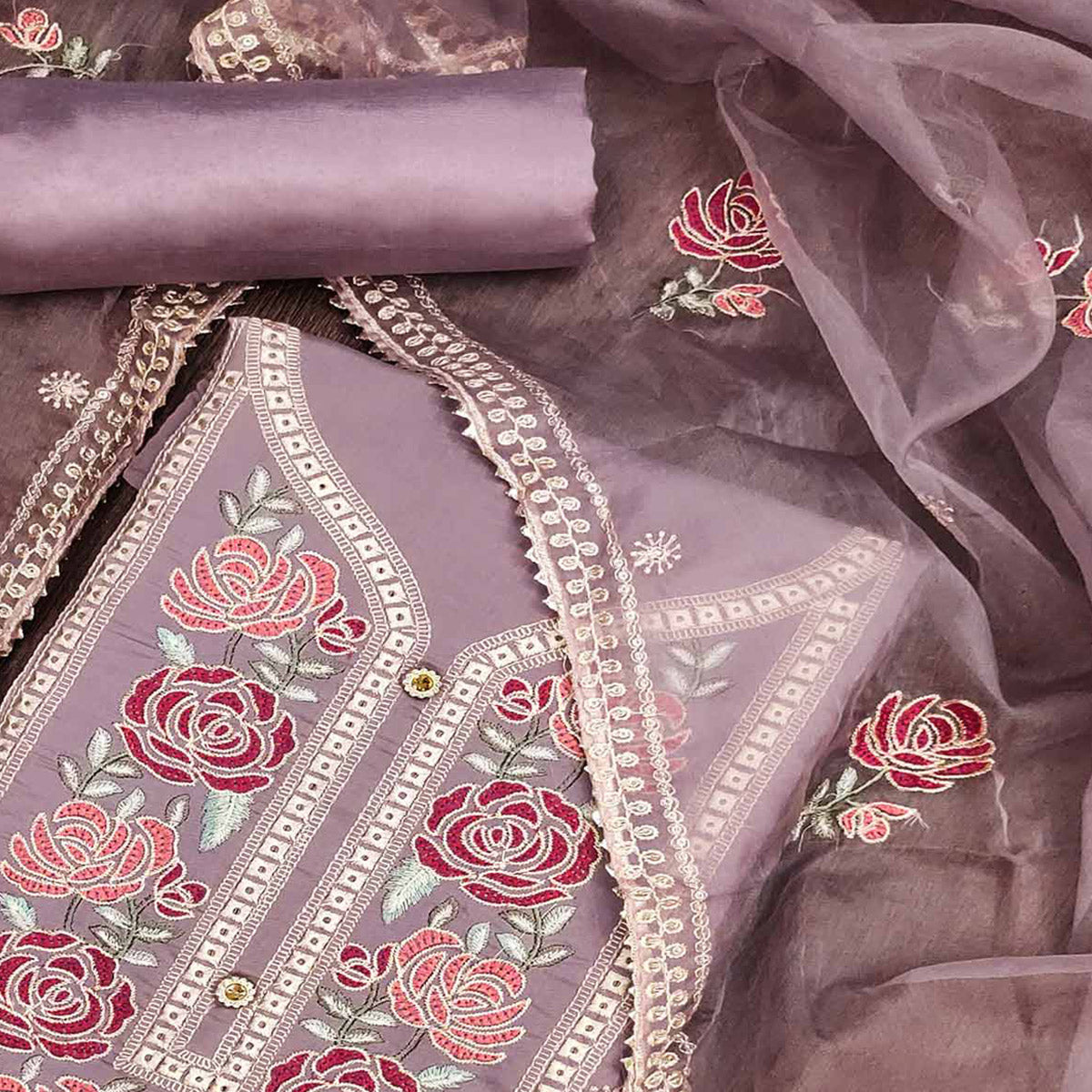 Mauve Floral Embroidered Cotton Blend Dress Material