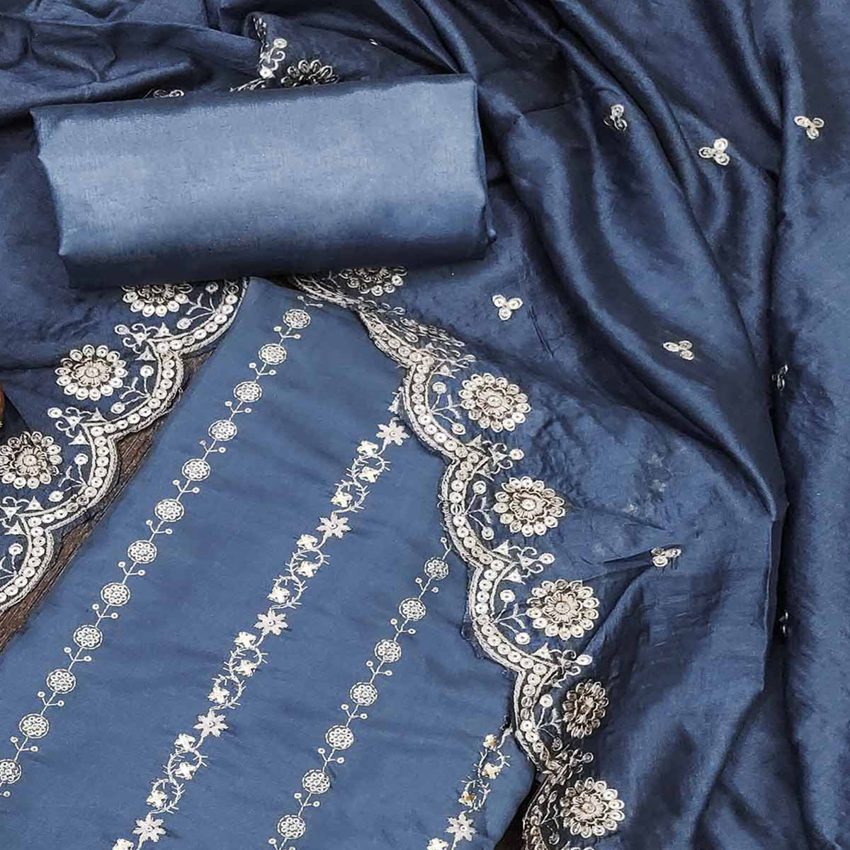 Blue Embroidered Pure Cotton Dress Material