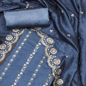 Blue Embroidered Pure Cotton Dress Material