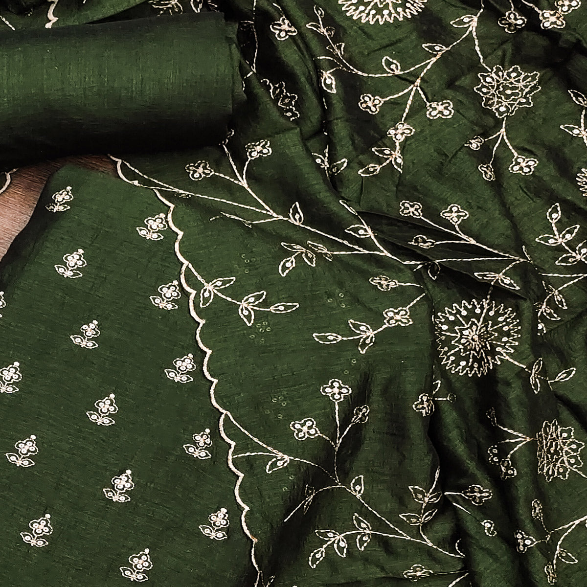 Mehandi Green Sequins Embroidered Vichitra Silk Dress Material