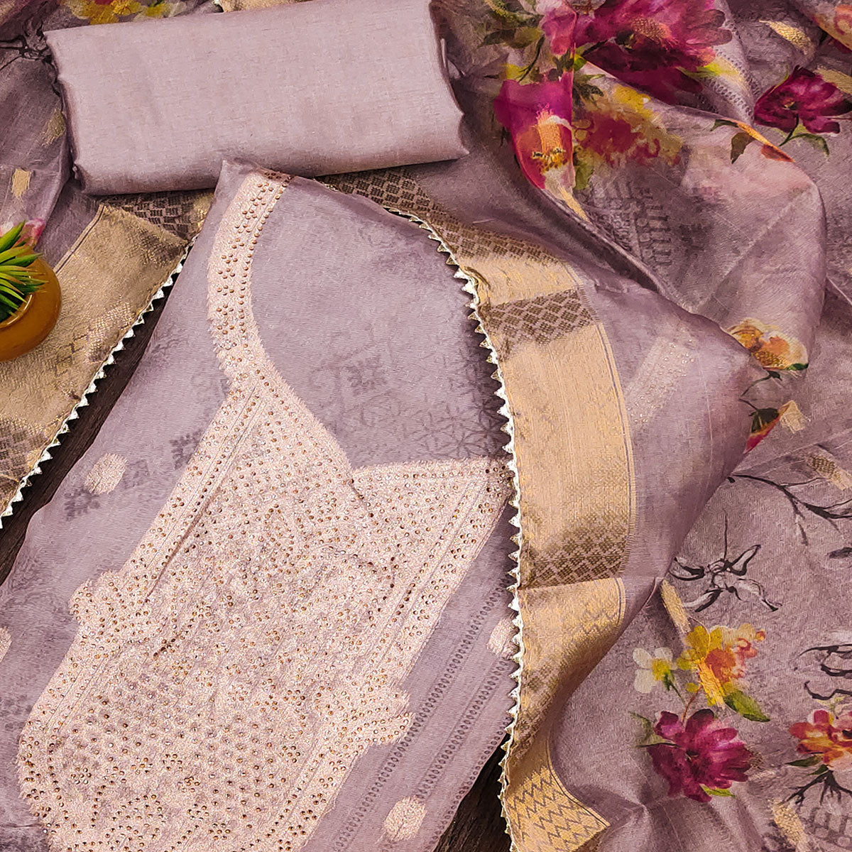 Purple Floral Woven With Stonework Organza Dress Material