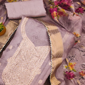 Purple Floral Woven With Stonework Organza Dress Material