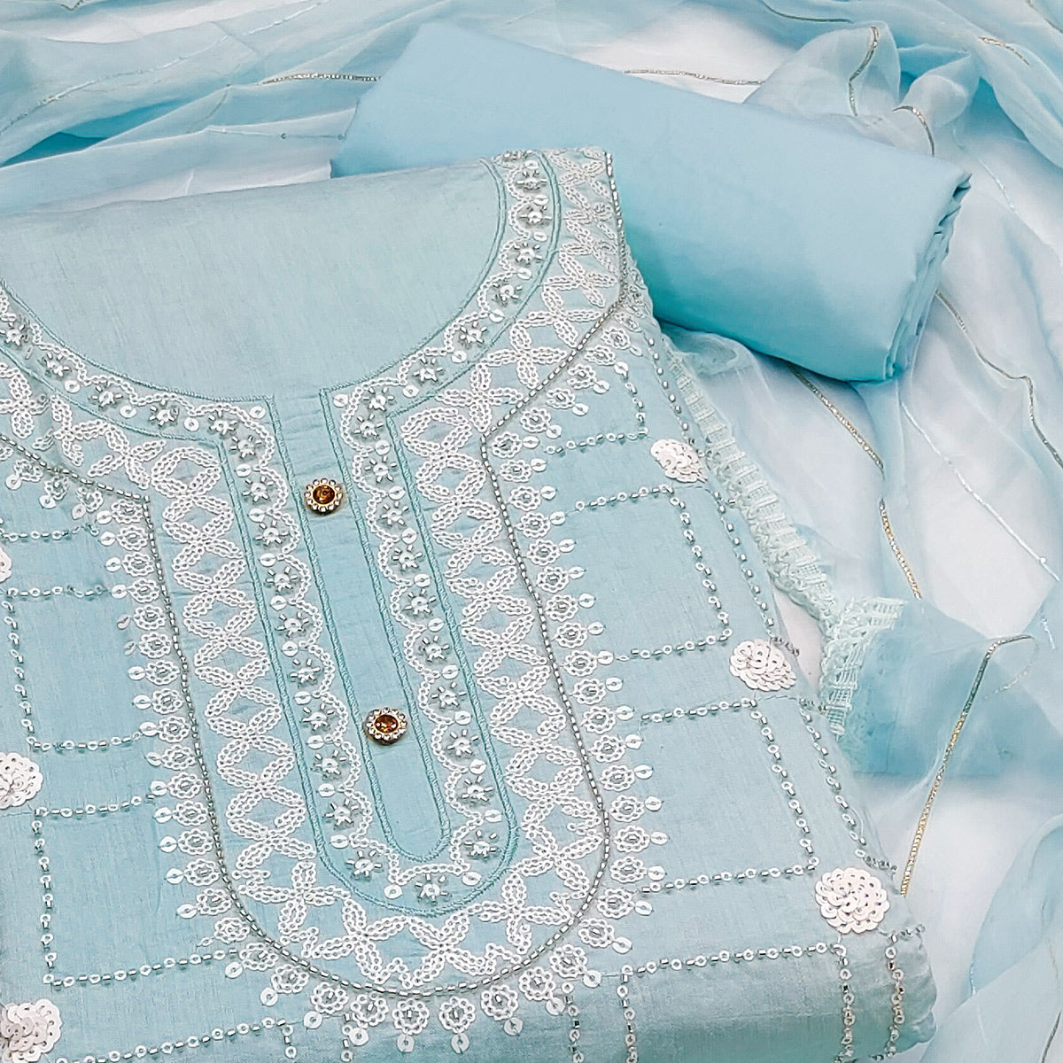 Blue Sequins Embroidery Chanderi Silk Dress Material