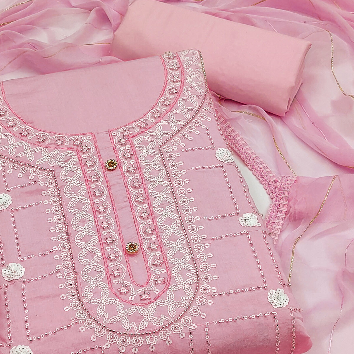 Pink Sequins Embroidery Chanderi Silk Dress Material