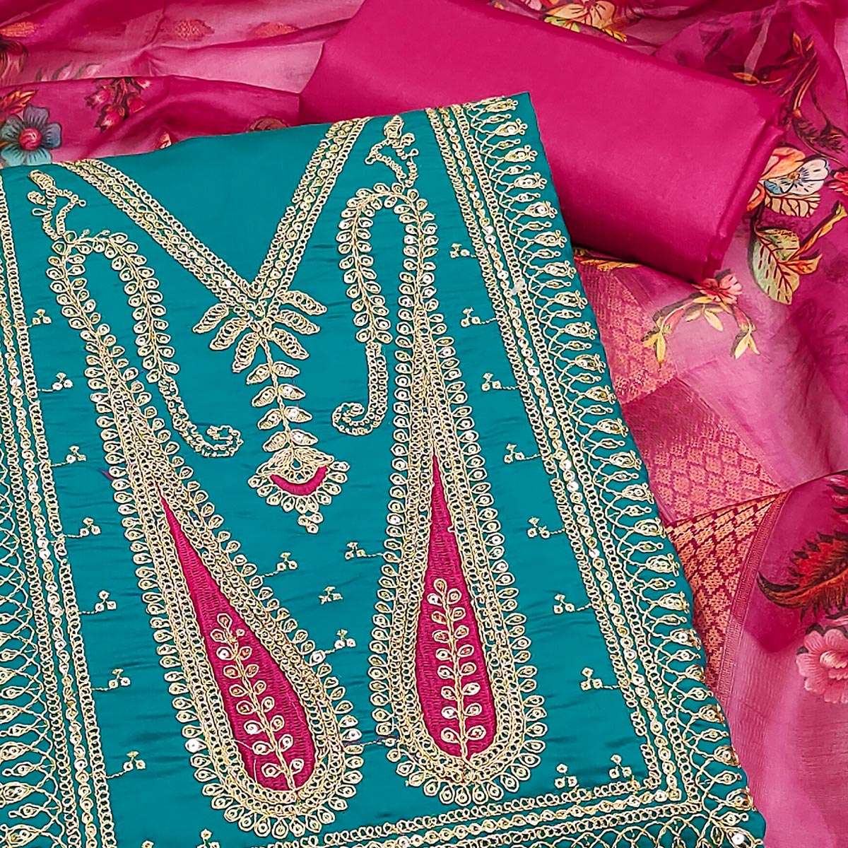 Rama Blue Floral Sequins Embroidered Roman Cotton Silk Dress Material