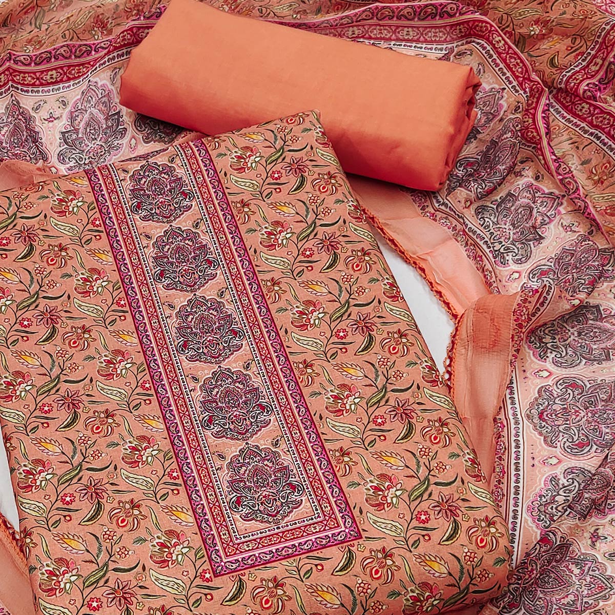 Peach Floral Digital Printed Cotton Blend Dress Material