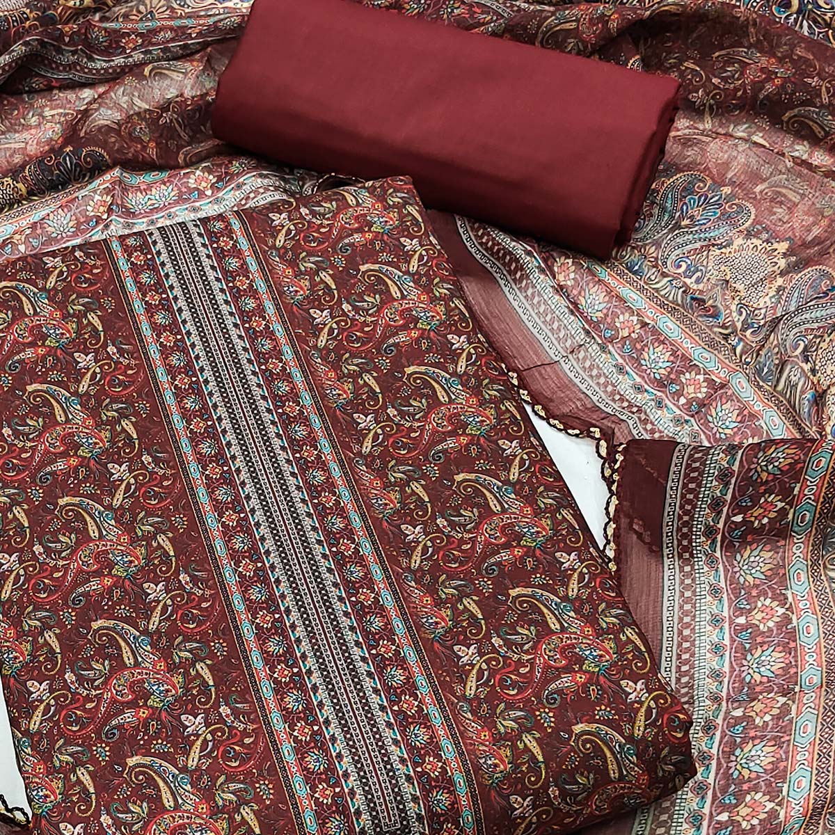 Rust Floral Digital Printed Cotton Blend Dress Material