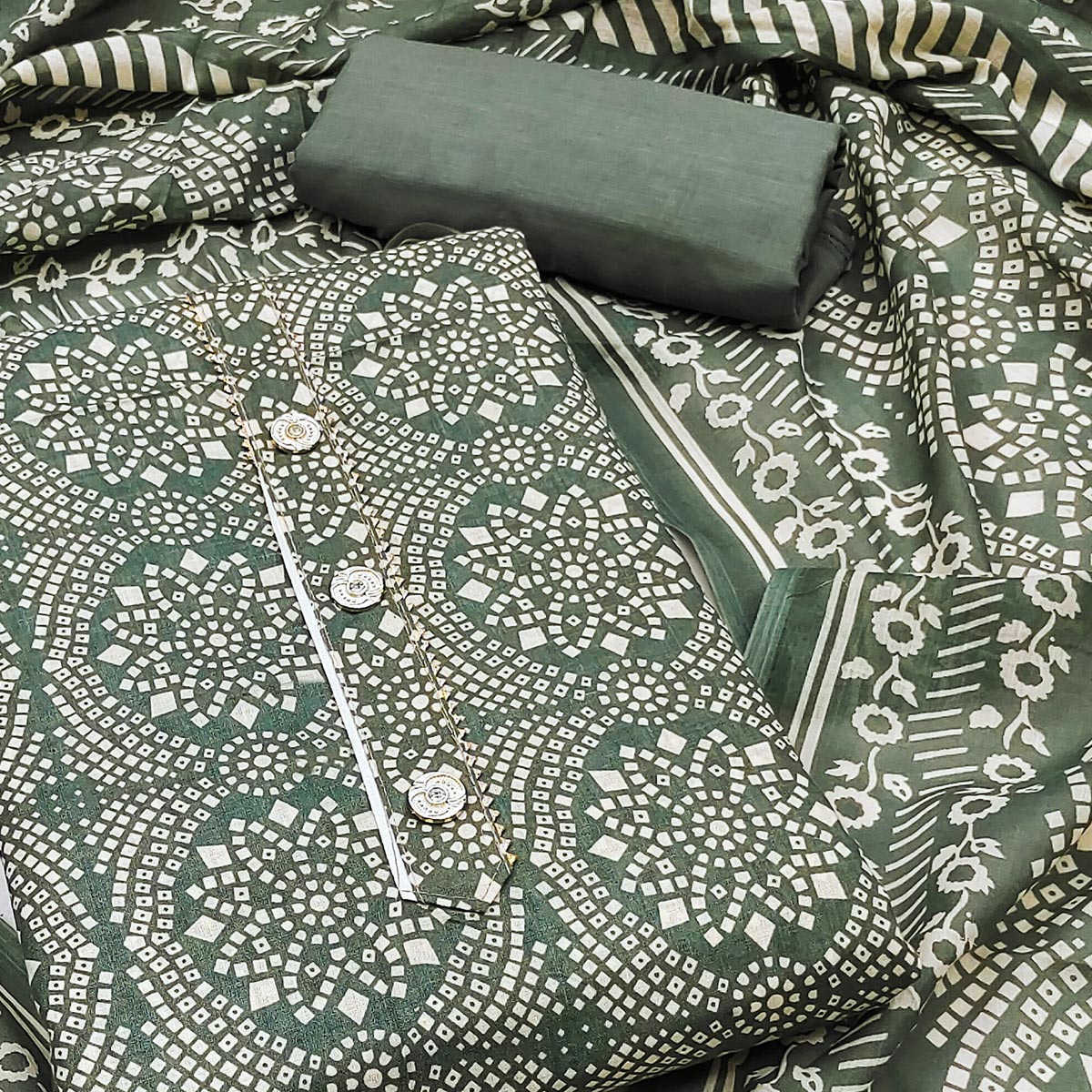 Green Printed Cotton Blend Dress Material