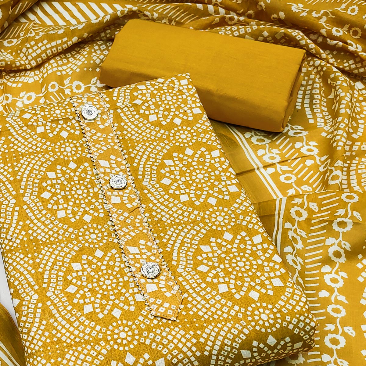 Yellow Printed Cotton Blend Dress Material
