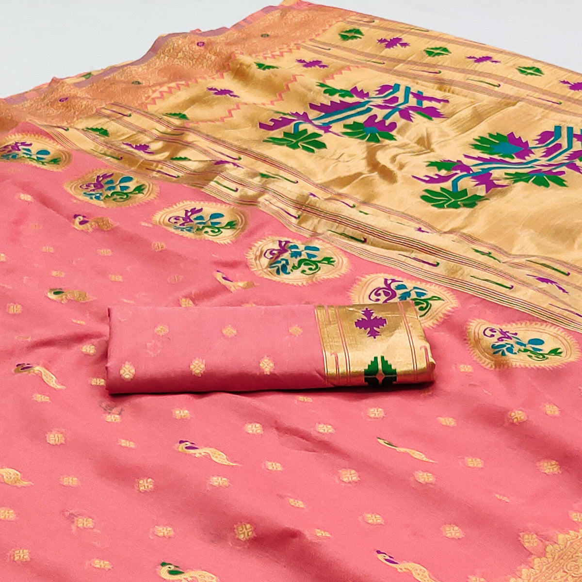 Peach Woven Pure Cotton Paithani Saree