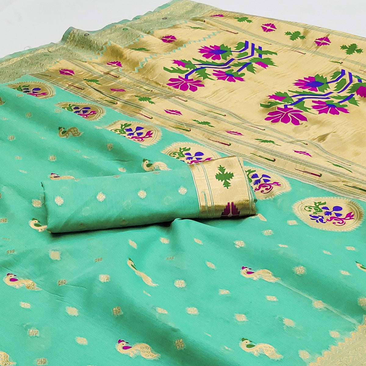 Turquoise Woven Pure Cotton Paithani Saree