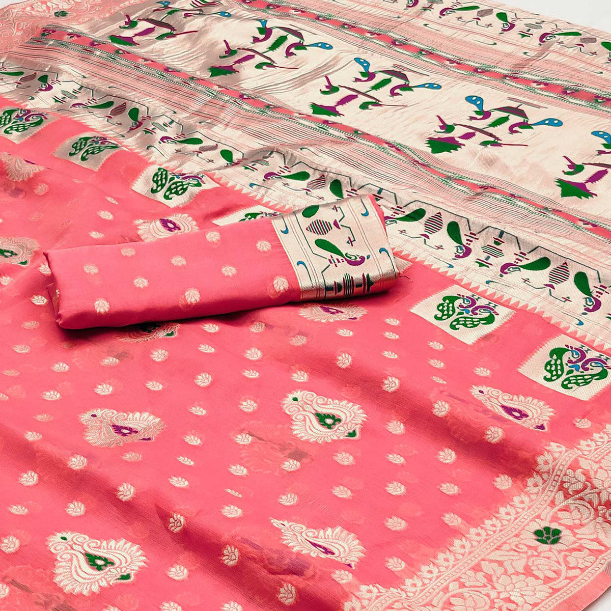 Peach Woven Cotton Silk Paithani Saree