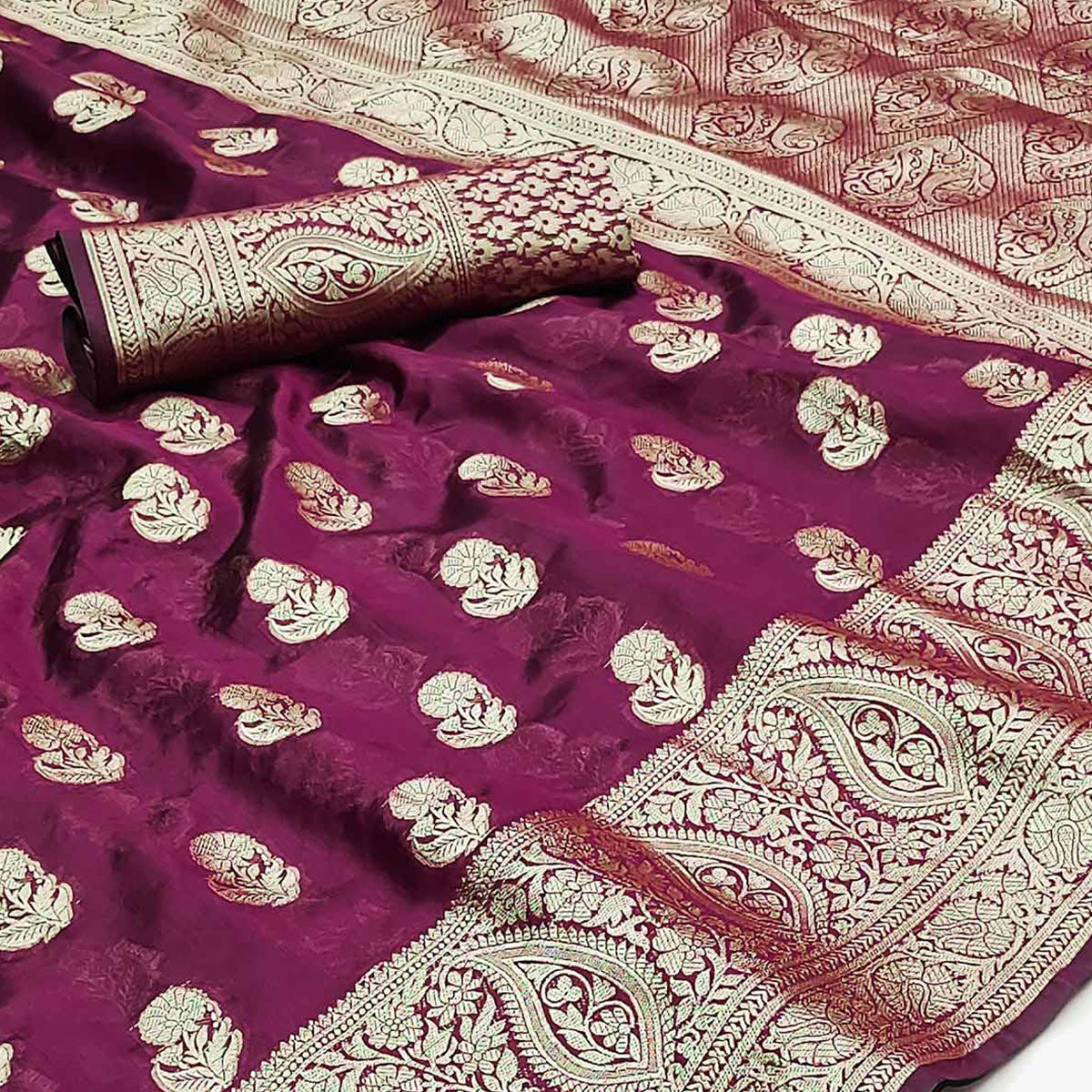 Wine Floral Woven Organza Saree With Tassels