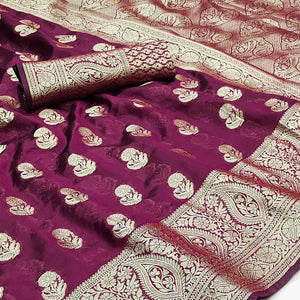 Wine Floral Woven Organza Saree With Tassels