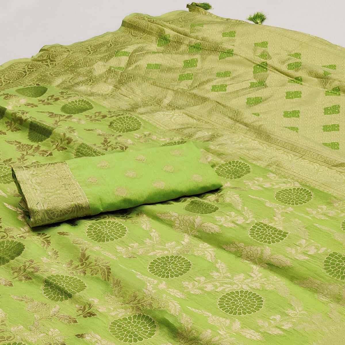 Green Floral Woven Jacquard Saree With Tassels