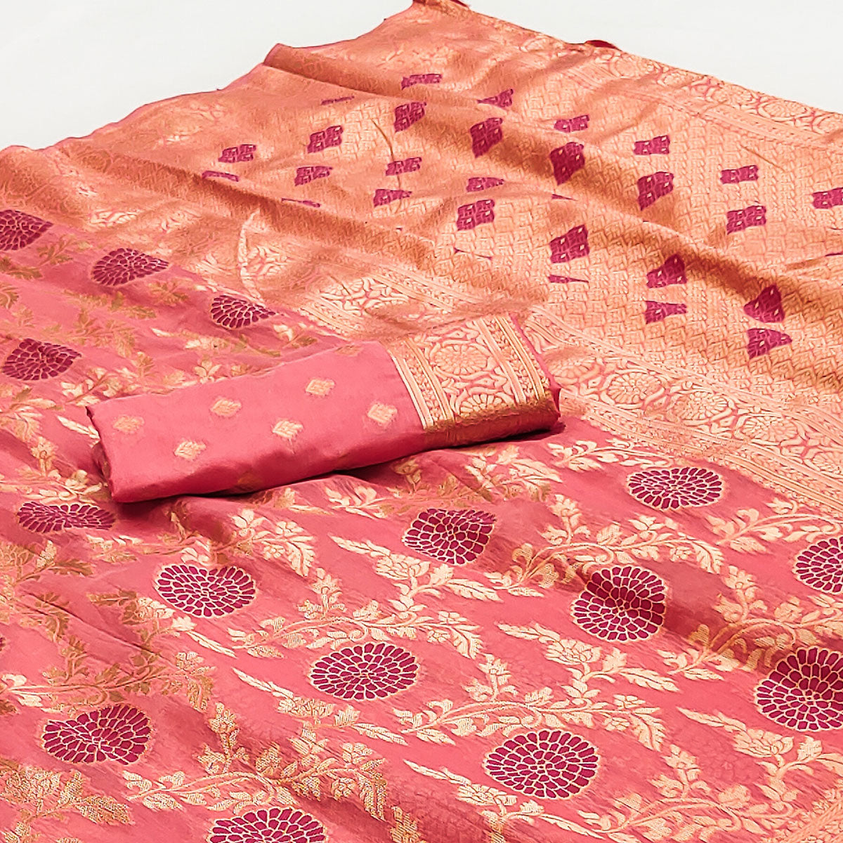 Peach Floral Woven Jacquard Saree With Tassels