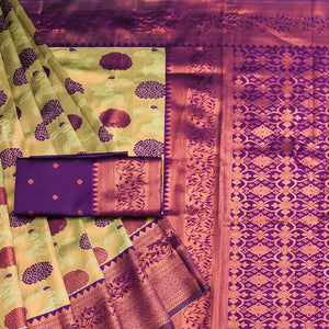 Cream & Purple Floral Zari Woven Cotton Silk Saree