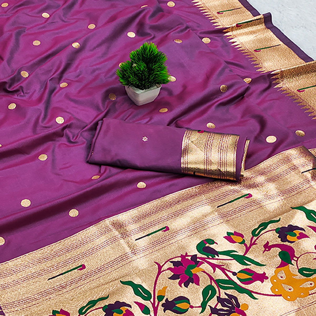 Purple Paithani Style Cotton Silk Saree with Golden Zari Detailing