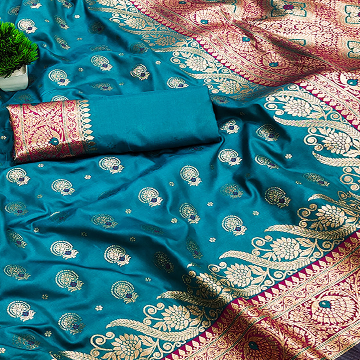 Rama Blue Traditional Zari Woven Cotton Silk Saree for Special Occasions