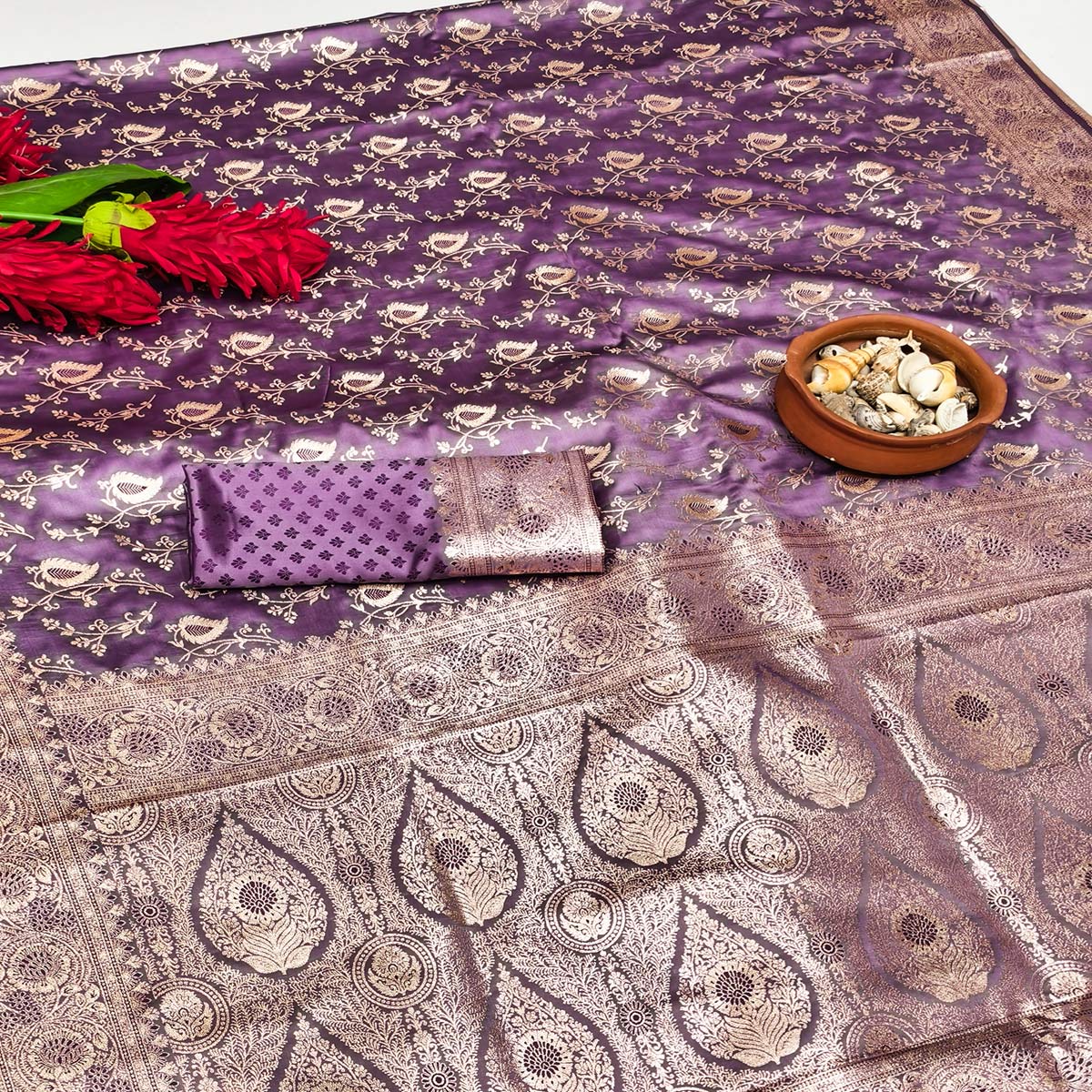 Lavender Silk Saree with Classic Zari Butti Woven Patterns