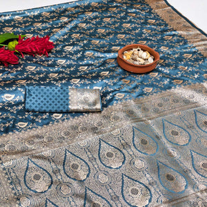 Teal Silk Saree with Classic Zari Butti Woven Patterns