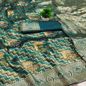 Teal Kanjivaram Silk Weaving Saree Accented With Exquisite Floral & Elephant Motif & Jarkan Work