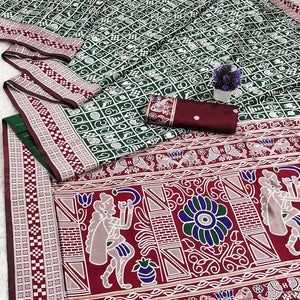 Elegant Green Weaving Cotton Silk Saree Accented With Detailed Madhubani Folk Art Work