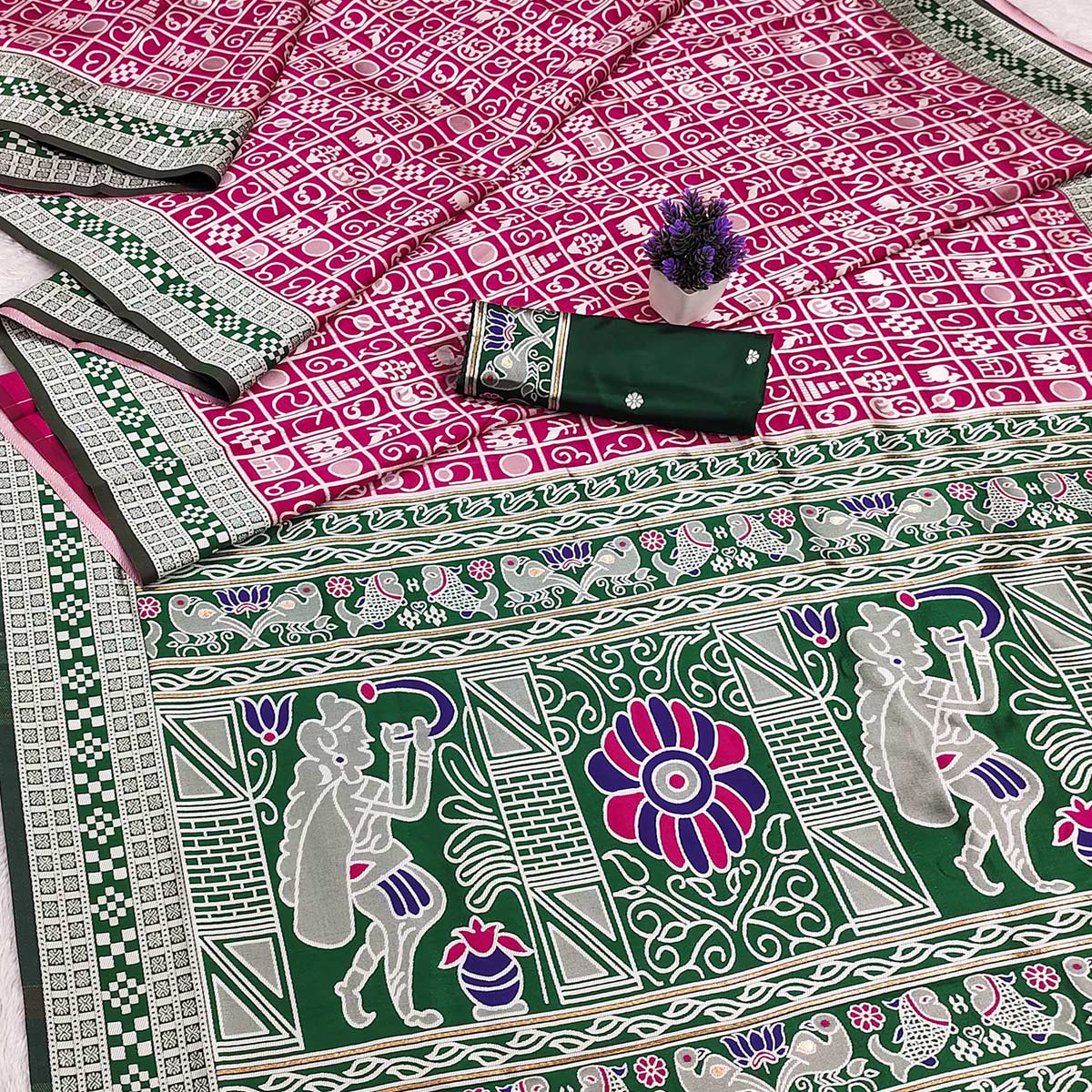 Elegant Pink Weaving Cotton Silk Saree Accented With Detailed Madhubani Folk Art Work