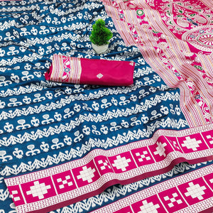 Blue Weaving Cotton Silk Saree With Contrasting Floral & Peacock Design Pallu