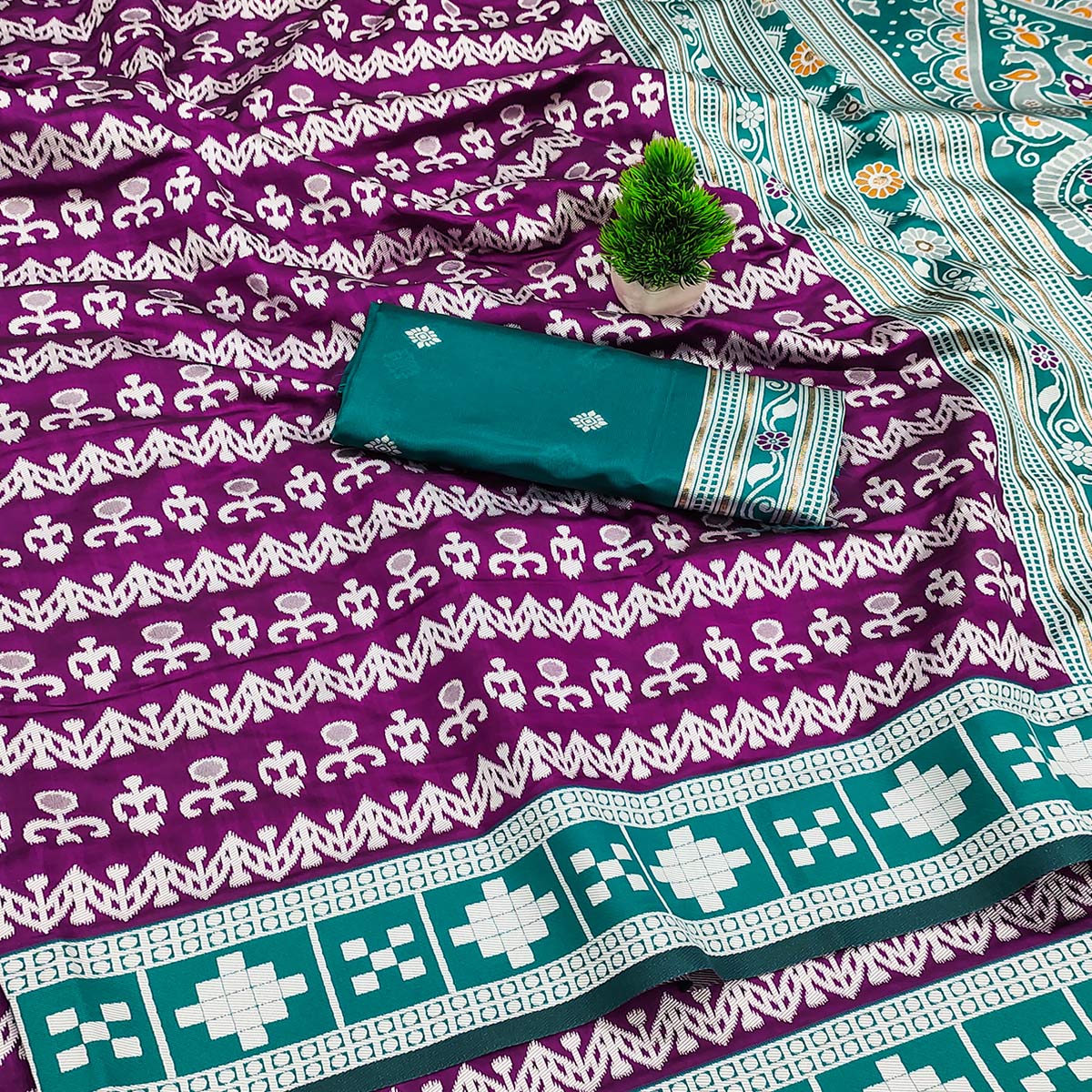 Purple Weaving Cotton Silk Saree With Contrasting Floral & Peacock Design Pallu