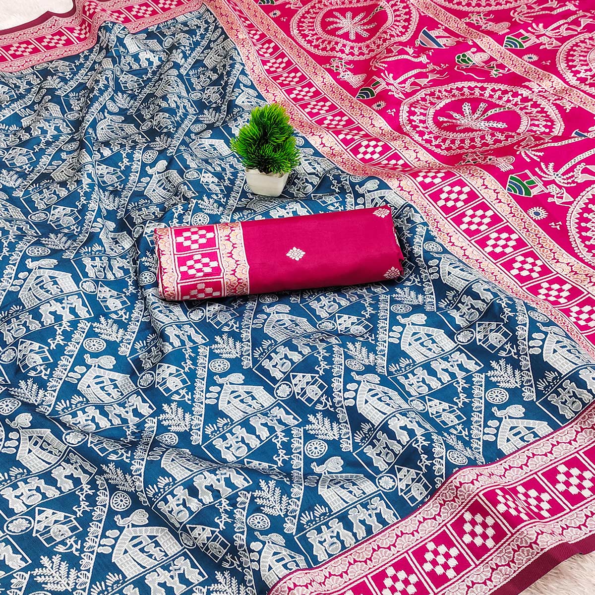 Blue Warli Tribal Weaving Cotton Silk Saree With Madhubani Art Work Pallu