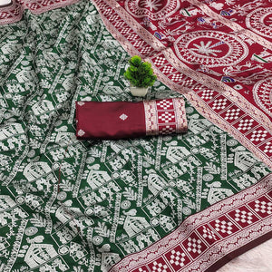 Green Warli Tribal Weaving Cotton Silk Saree With Madhubani Art Work Pallu