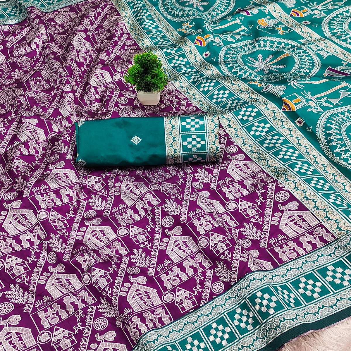 Purple Warli Tribal Weaving Cotton Silk Saree With Madhubani Art Work Pallu