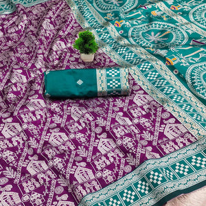 Purple Warli Tribal Weaving Cotton Silk Saree With Madhubani Art Work Pallu