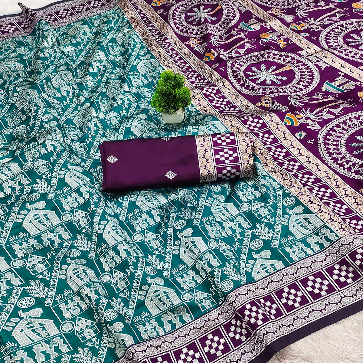 Teal Warli Tribal Weaving Cotton Silk Saree With Madhubani Art Work Pallu