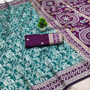 Teal Warli Tribal Weaving Cotton Silk Saree With Madhubani Art Work Pallu